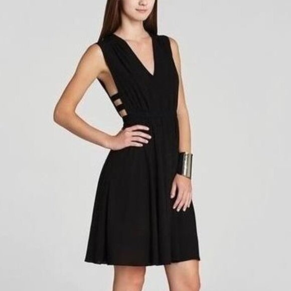 BCBGMaxAzria Black Gathered Waist Sleeveless V-neck Cutout Rachel  Midi Dress XS - Picture 1 of 15